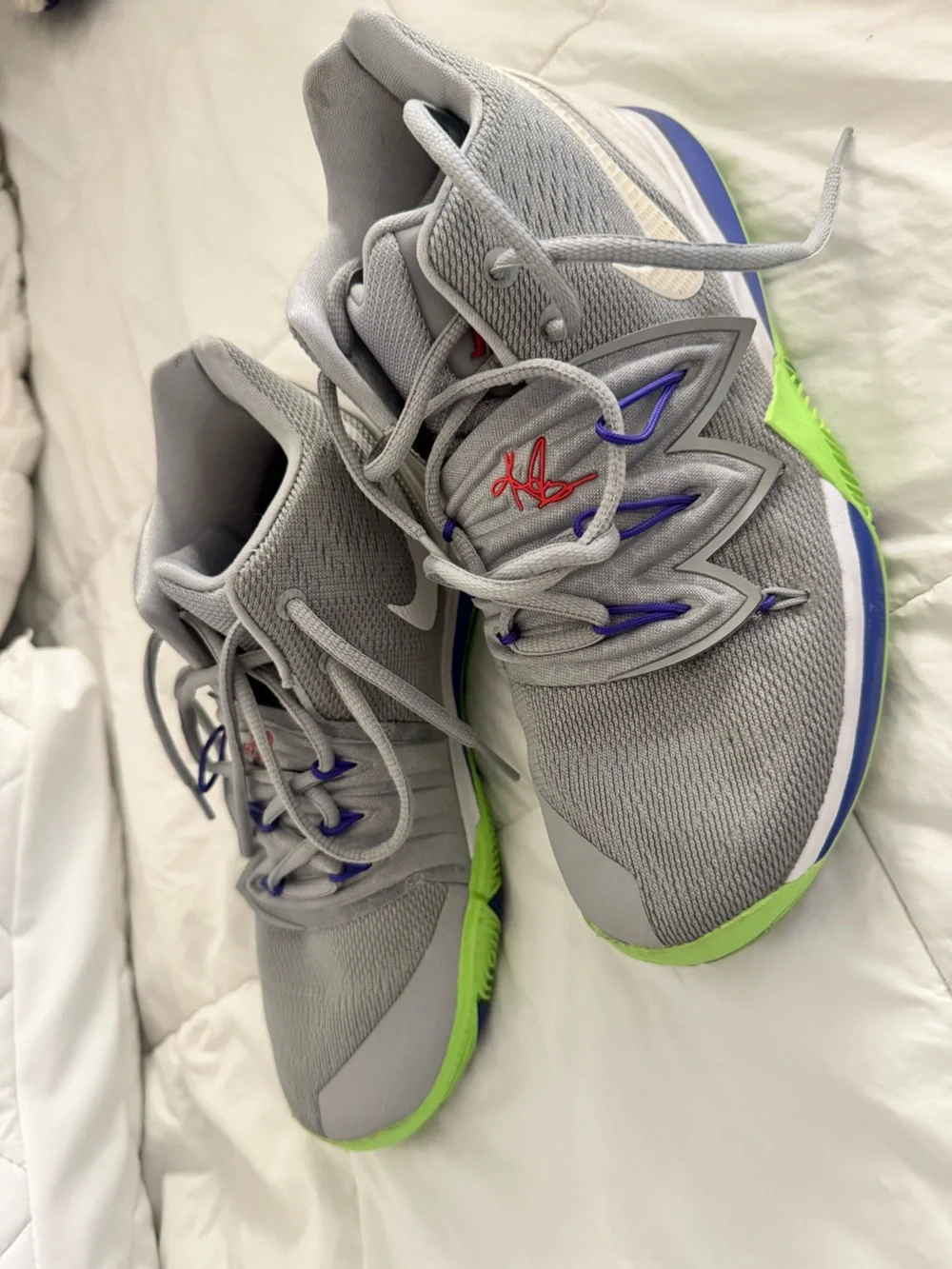 Nike Gray Sneakers with Lime Green Outsole and Purple Accents